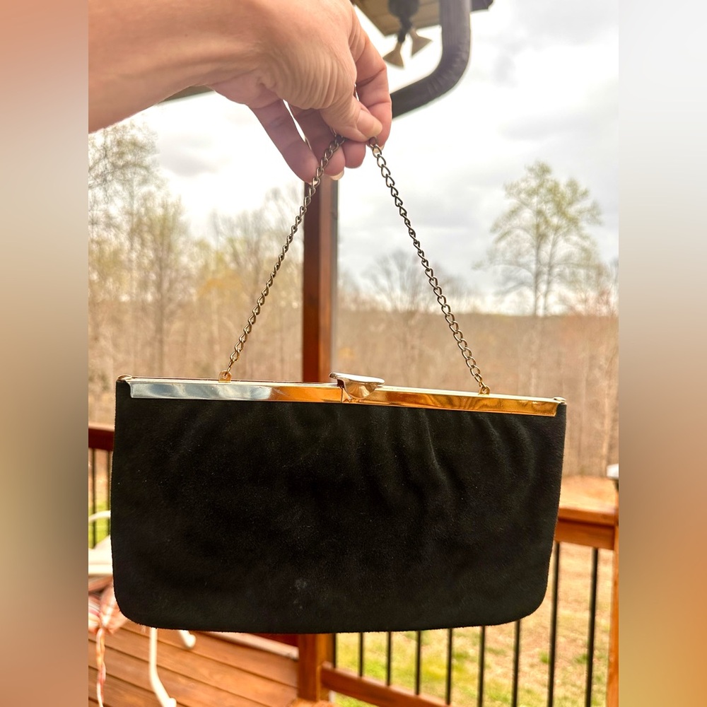 Vtg MCM Black Suede 1960 Envelope Shoulder/Clutch Evening Bag w/Gold Accents